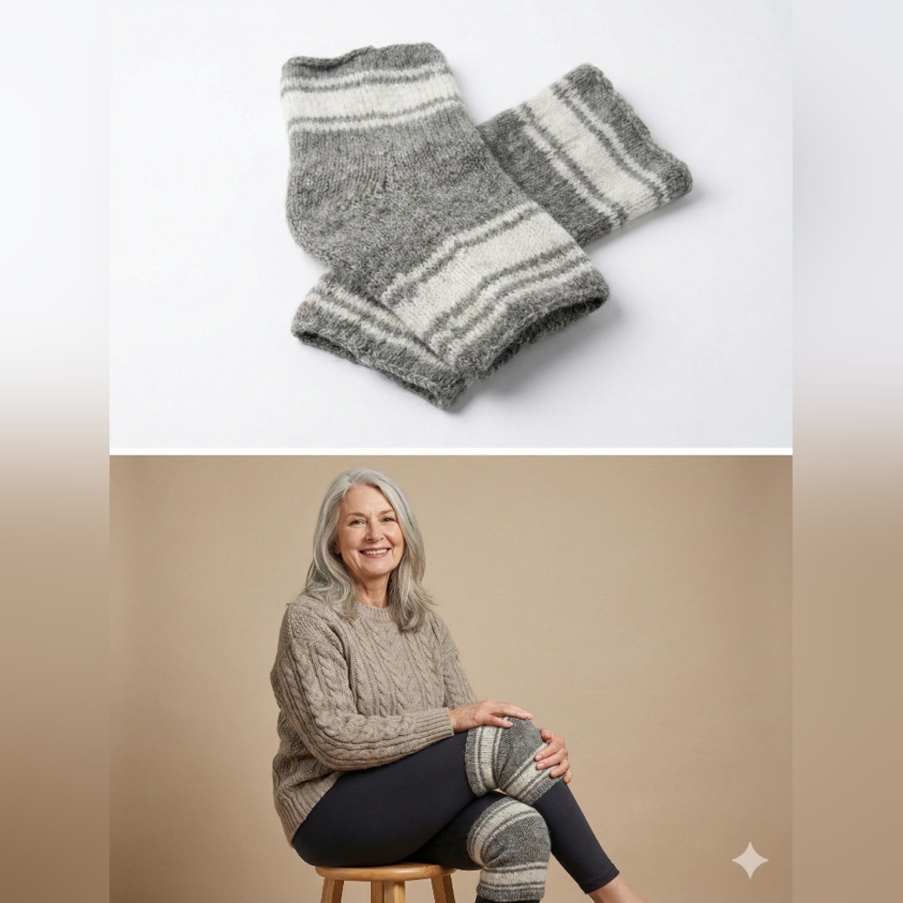 100% Natural Sheep Wool Knee Warmers Grey Striped Therapeutic Joint Support